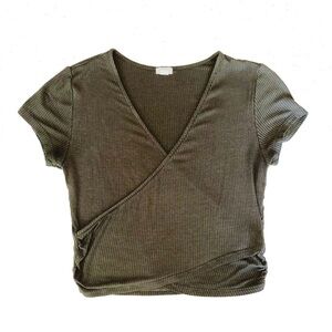 Garage Olive Ribbed Wrap Crop Top